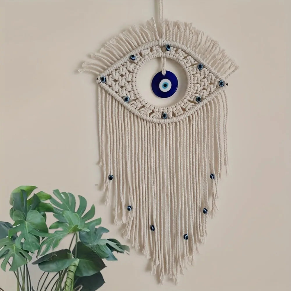 Bohemian Hand-woven Wall Hanging Tapestry with Evil Eye Pendant