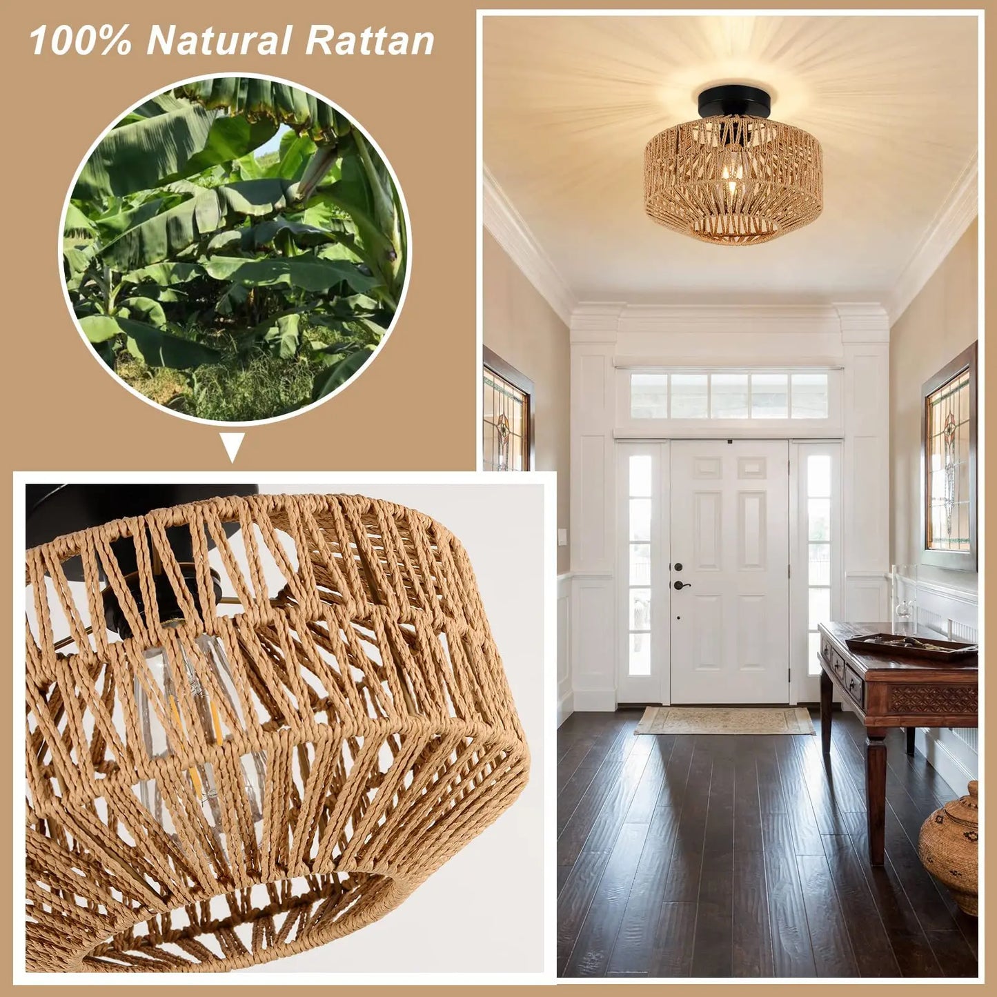 Rattan Ceiling Lamp E27 LED Lights Hand Woven