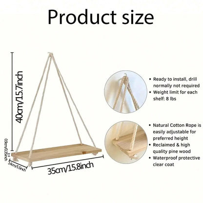 Wooden Swing Hanging Hemp Rope Wall Shelve