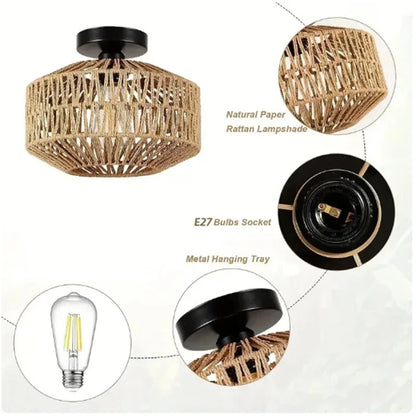 Rattan Ceiling Lamp E27 LED Lights Hand Woven