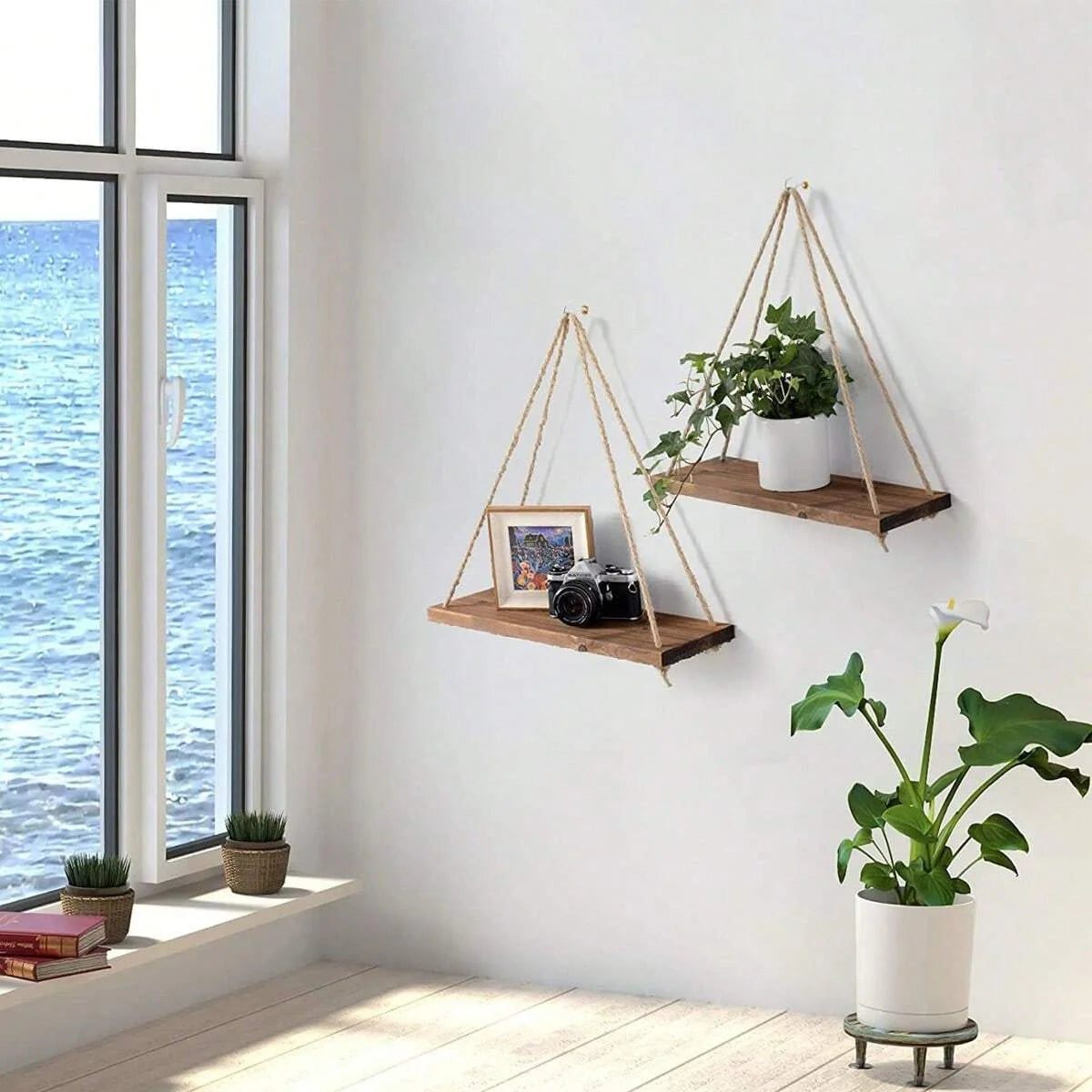 Wooden Swing Hanging Hemp Rope Wall Shelve